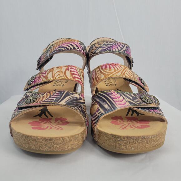 L'Artiste Bonvoyage Sandals size 38 Navy Multi Leather Hand Painted Floral Boho - Picture 8 of 13
